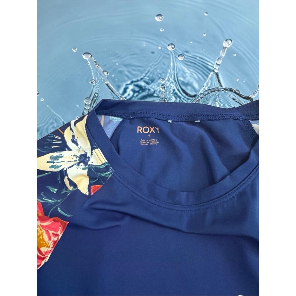 Roxy Blue Floral Solid Long Sleeve Pullover Rashguard Kids Girls Size M 10 - Picture 5 of 8
